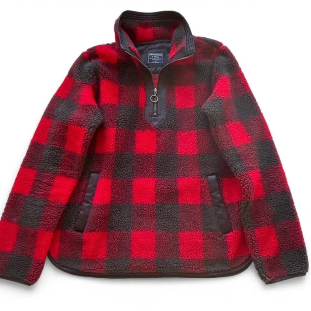 Abercrombie & Fitch Red Black Plaid Zip-Up Sweater | Cozy Fall Flannel Style Jac - Picture 6 of 7